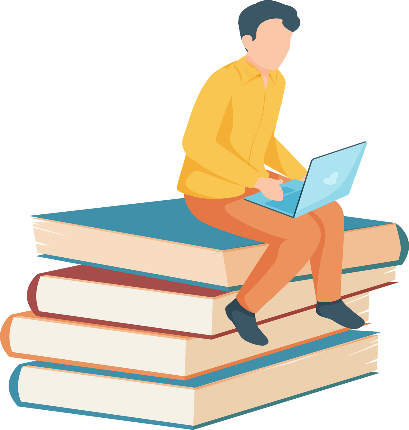 Student sitting on a stack of books with a laptop